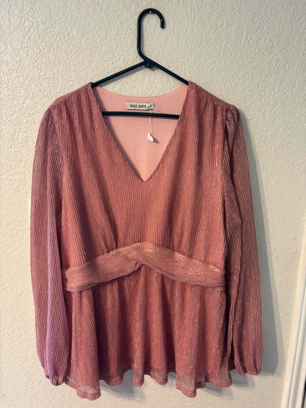 Grace Karin Rose-Mauve Metallic Pleated Long-Sleeve Peplum Top Dress